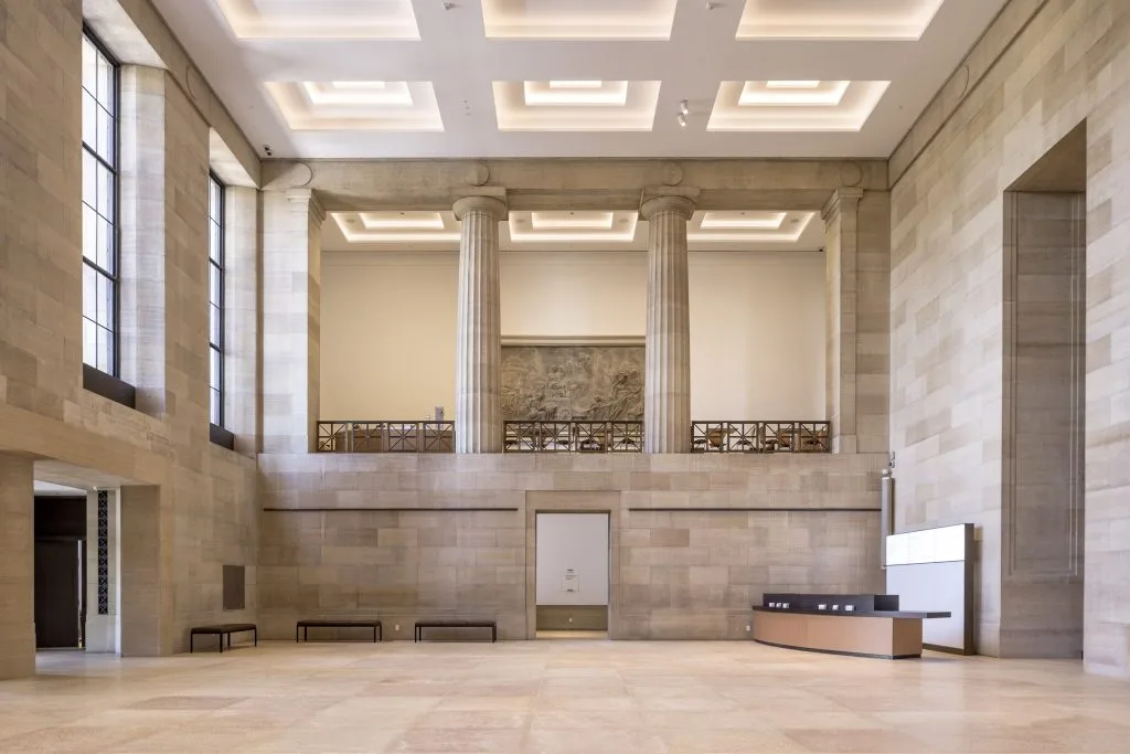 The Philadelphia Museum of Art, coffered ceiling with LED lighting and new floor in Kasota limestone, photo ©Danica O. Kus