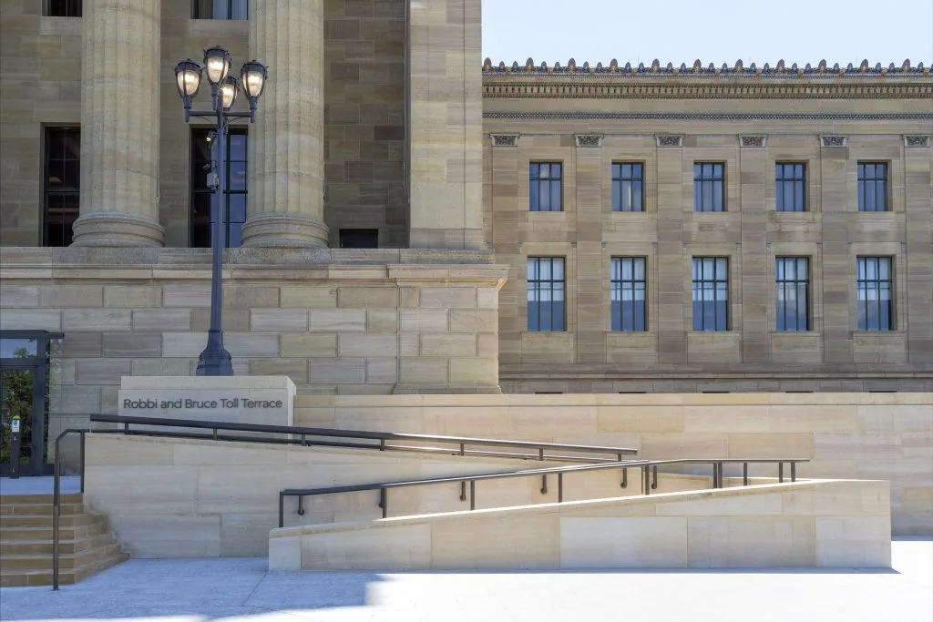 The Philadelphia Museum, entrance with Kasota limestone steps and new ramp, photo ©Danica O. Kus,  of Art, coffered ceiling with LED lighting and new floor in Kasota limestone, photo ©Danica O. Kus